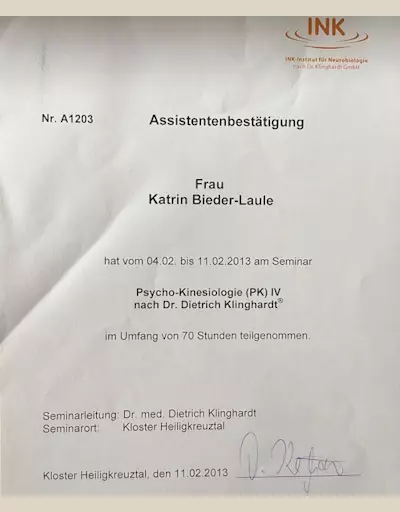 Assistentenbestätigung Psycho-Kinesiologie nach Dr. Dietrich Klinghardt, Katrin Bieder-Laule