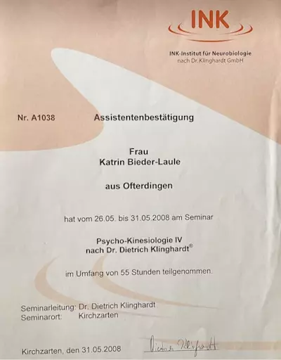 Assistentenbestätigung Psycho-Kinesiologie nach Dr. Dietrich Klinghardt, Katrin Bieder-Laule